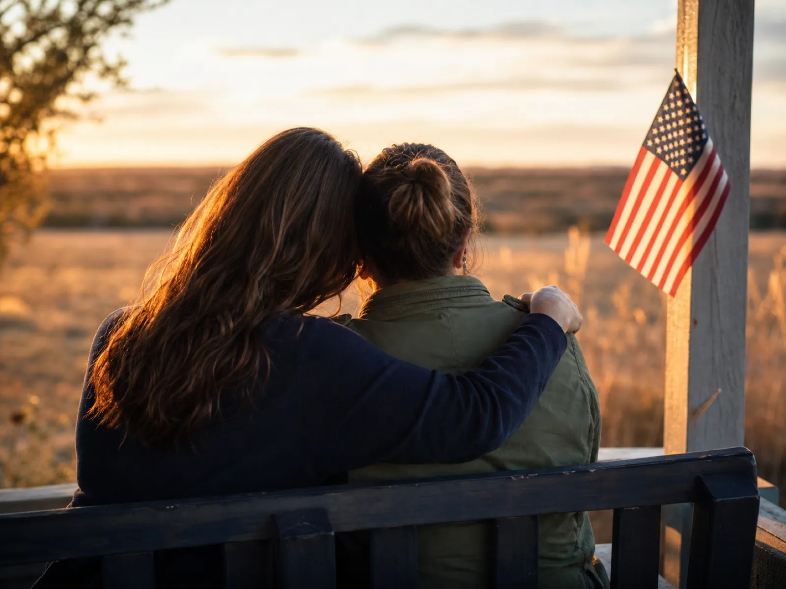 Two women sit close together on a porch bench at sunset, one with her arm around the other in support, an American flag catching the golden light
